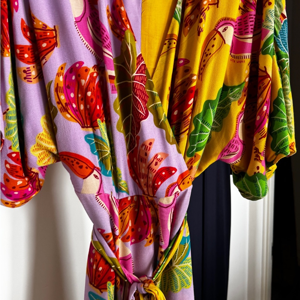 FARM Rio Pink Yellow Tropical Print Midi Wrap Dress - Picture 4 of 8